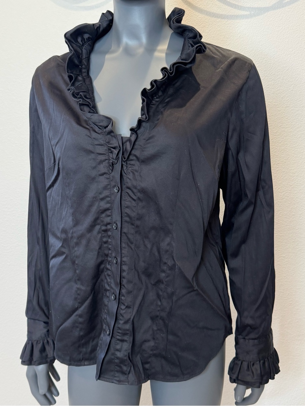 Soft Surroundings Boleyn Button Down Shirt Black Ruffle Women’s Size L Cotton
